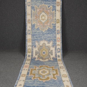 Handmade Wool Oushak Runner Rug: Blue & White Vintage Turkish Rug (3x10.1 Ft
