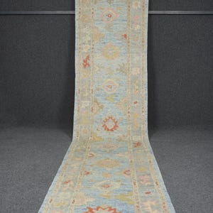 Handmade Wool Oushak Runner Rug: Blue & Gray Vintage Turkish Carpet (3.1 x 13.1 Ft