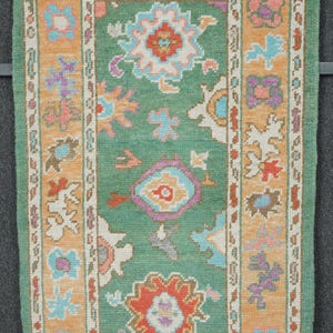 Vintage Oushak Wool Rug 3x5: Green Anatolian Floor Rug