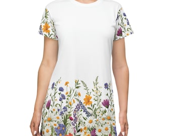 Cottage Core T-shirt Dress, Flower Dress, Botanical Shirt Dress, Vintage Tee Shirt Dress, Gardening Dress, Floral T-shirt Dress, Plant Lover