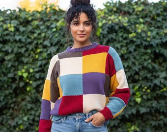 Modello per maglione patchwork: motivo a scacchiera multicolore (download PDF)