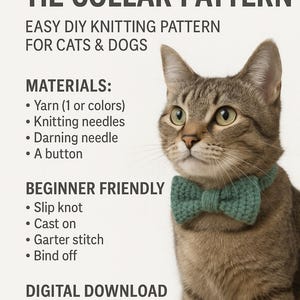 Puede incluir: Un gato atigrado con un collar de pajarita verde tejido. La imagen incluye el texto "KNITTED PET BOW TIE COLLAR PATTERN" y "EASY DIY KNITTING PATTERN FOR CATS & DOGS". La imagen también enumera los materiales necesarios e instrucciones de tejido para principiantes.