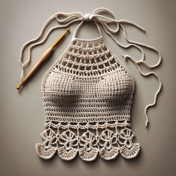 AI-Crafted Boho Chic Crochet Mesh Halter Top - Eco-Friendly Yarn, Handmade Feel, Summer Festival Fashion in Digital Download