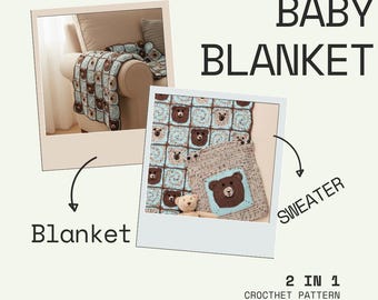 Bear Patchwork Baby Blanket Crochet Pattern PDF – Colourful Motif Sweater Style Blanket Instant Download