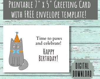 Tarjeta de cumpleaños imprimible, tarjeta de cumpleaños de gato, tarjetas de felicitación divertidas, ilustración de gato, tarjeta de animal lindo para ella/él/novia/novio/niños