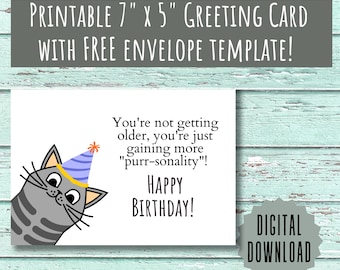 Printable Birthday Card, Cat Birthday Card, Funny Greeting Cards, Cat Illustration, Cute Animal card for her/him/girlfriend/boyfriend/kids