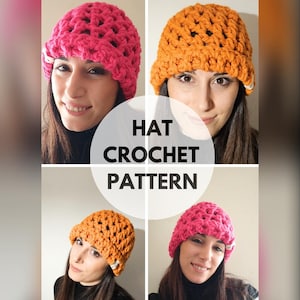 Può includere: Uno schema per un cappello all'uncinetto con quattro immagini del cappello in diversi colori. Il cappello è un design semplice con un ampio bordo e un motivo a punto uncinetto. Il testo "HAT CROCHET PATTERN" è visualizzato al centro dell'immagine.