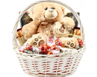 Cesta regalo con chocolate y osito de peluche , Cesta regalo de chocolate , Cestas regalo para mujer , Caja regalo de chocolate , Caja de chocolate