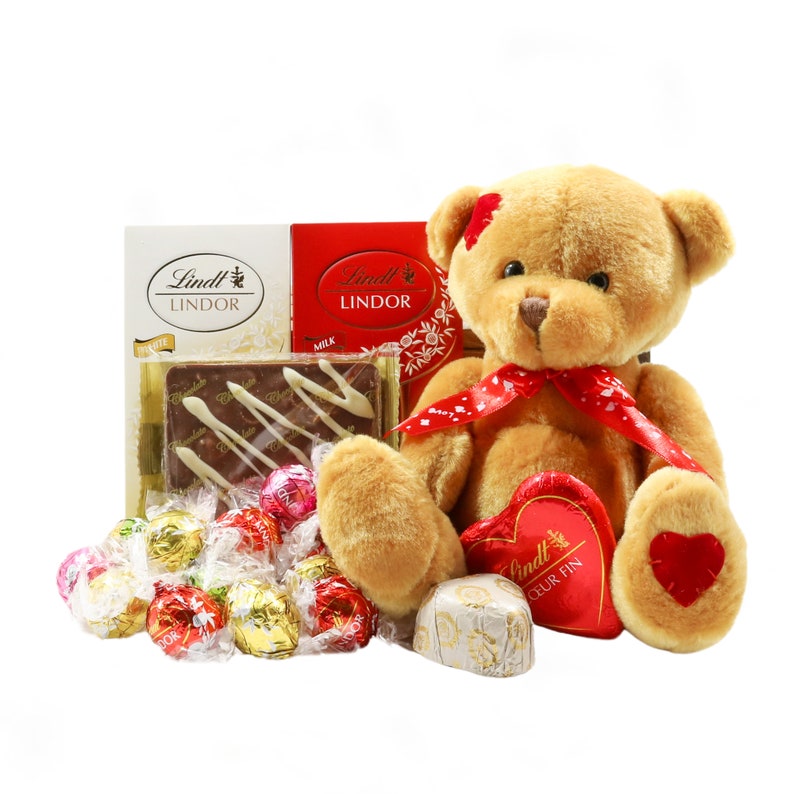 Caja de regalo de chocolate con corazón de Lindt y osito de peluche , Caja de regalo con bombones , Caja de chocolate imagen 2