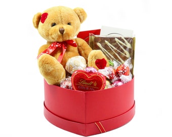 Caja de regalo de chocolate con corazón de Lindt y osito de peluche , Caja de regalo con bombones , Caja de chocolate