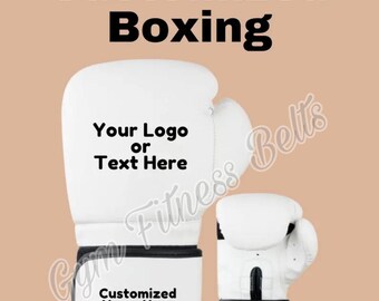 May include: A pair of white boxing gloves with black trim. The larger glove has the text "Your Logo or Text Here" and the smaller glove has the text "Customized Name Here".