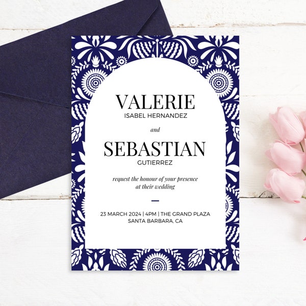 Mission Style Wedding Invitation, Blue Talavera Design, DIY Canva, Mexican Wedding Invitation, Invitaciones de boda