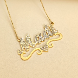 Custom Diamond Name Necklace, Bling Name Necklace, Personalized Necklace, Gold Name Necklace, Mother&#39;s Day Gift, Custom Jewelry Gift For Her