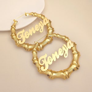 Custom Bamboo Earrings, Name Bamboo Earrings, Large Bamboo Hoop Earrings, Gold Name Earrings, Personalized Name Jewelry, Nameplate Earrings