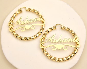 Name Twist Hoop Earrings, Custom Name Earrings, Large Gold Hoop Earrings, Personalized Jewelry Gift, Women Name Earrings, Nameplate Earrings