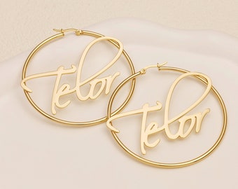 Gold Name Hoops Earrings, Custom Name Earrings, Large Earrings, Personalized Hoops Earrings, Minimalist Name Earrings,Nameplate Gift For Mom