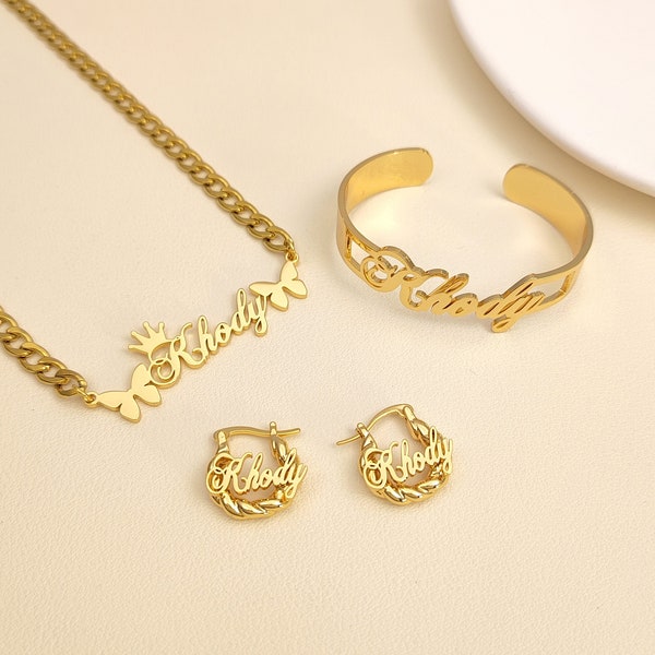 Custom Name Hoop Jewelry Set, Custom Name Necklace, Gold Name Earrings,Personalized Name Jewelry, Nameplate Bracelet, Gift For Daughter Kids