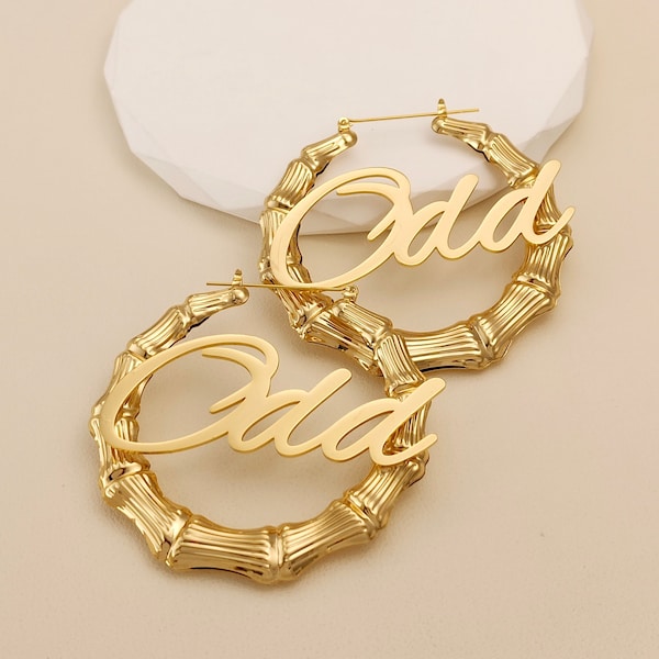 Custom Name Bamboo Earrings, Bamboo Earrings Hoops, Gold Name Hoops, Name Bamboo Hoops, Personalized Hoops, Custom Jewellry, Gifts for Mom