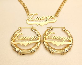 Custom Name Bamboo Earrings Necklace Set, Bamboo Hoop Earring, Personalized Gold Name Necklace, Personalized Gift For Women Mother Kids Baby