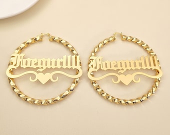 Name Thick Twist Hoop Earrings, Personalized Gold Old English Name Earrings,  Nameplate Large Big Hoops, Earrings For Women, Custom Jewelry