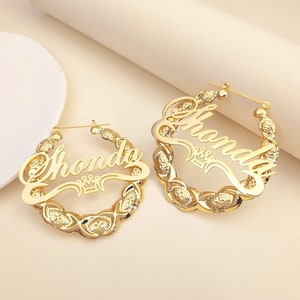 Custom XO Hoop Name Earrings with Crown, Women Name Earrings, Personalized Name Hoops, Nameplate Earrings, Name Bamboo Earring, Gift For Her