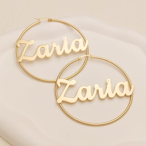 Custom Name Earrings, Nameplate Hoops Earrings, Minimalist Name Earrings, Gold Hoop Earrings, Large Hoop Earrings, Personalized Gift For Mom