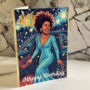 Mujer afroamericana con afro/Tarjeta de cumpleaños "Feliz cumpleaños" de "40"/Vida de celebridades/