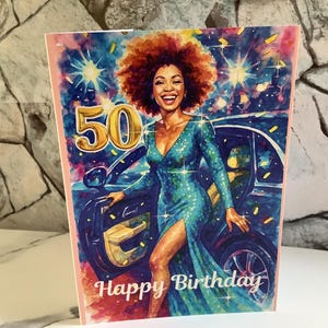 Mujer afroamericana con afro/Tarjeta de cumpleaños "50" "Feliz cumpleaños"/Vida de celebridades/