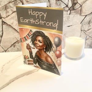 Hermosa mujer afroamericana de raza negra con rastas / Earthstrong / Tarjeta de cumpleaños / Pastel de cumpleaños / Globos