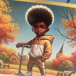 Joyeux anniversaire pour jeune garçon cool noir afro-américain en Skooter | Journée d'automne dans un parc