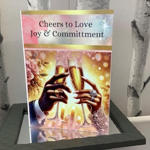 Afroamerykańska czarna para|Cheers To Love Joy & Committment|Hands |Champagne Glasses|Karta ślubna|