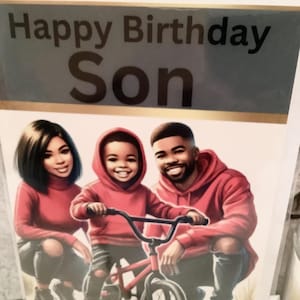 Afro-américain noir, « Happy Birthday Son » Garçon à vélo, Parents