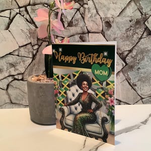 African American|Jamaican Black  Woman With Fro| Balloons| Happy Birthday Card