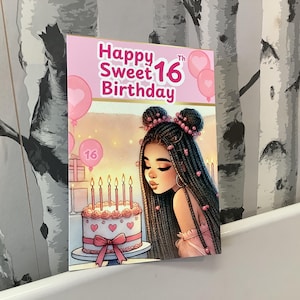 Afroamerikaner|Schwarz|Mischlingsmädchen|Happy Sweet 16th| Glückwunschkarte zum Geburtstag|Torte| Feierlichkeiten|Pink Luftballons