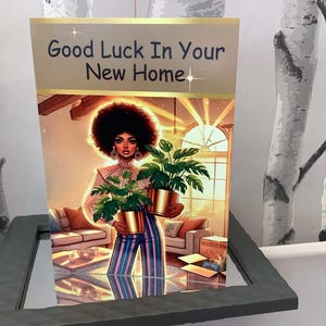 Belle femme noire afro-américaine avec Afro | Bonne chance dans votre nouvelle maison|Carte de voeux