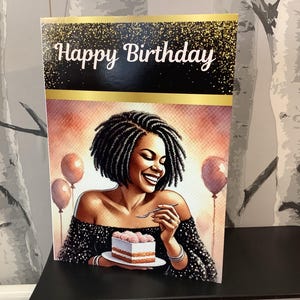 Mulher negra afro-americana bonita com locs | Cartão de aniversário | Bolo de aniversário | Balões