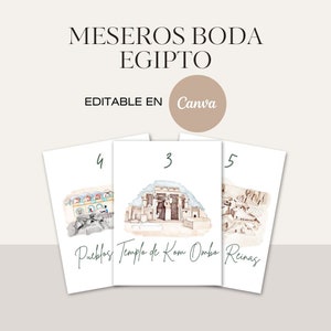 Meseros Boda Editables en Canva con Temática de Egipto Plantillas de Decoración de Mesa Egipcia para Bodas y Eventos Especiales imagen 1