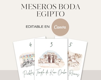 Meseros Boda Editables en Canva con Temática de Egipto - Plantillas de Decoración de Mesa Egipcia para Bodas y Eventos Especiales