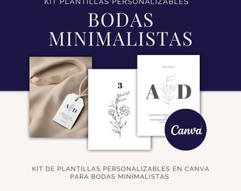 Kit de Bodas Minimalistas editable en Canva: Invitación, Meseros y Etiquetas Personalizables