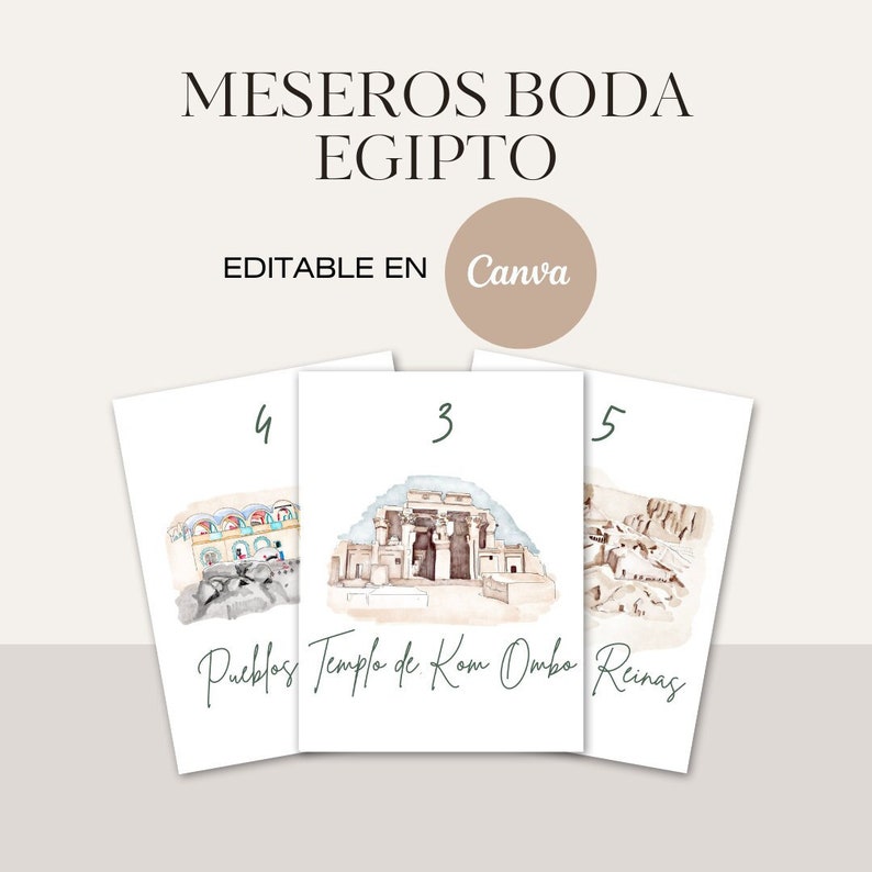 Meseros Boda Editables en Canva con Temática de Egipto Plantillas de Decoración de Mesa Egipcia para Bodas y Eventos Especiales imagen 1