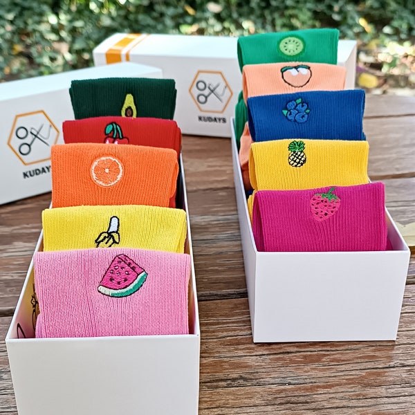 10 Pairs Fruit Embroidered Socks Box, Fruit Embroidered Socks Box, Socks Gift Box, Fruit Embroidery, Fruit Socks Colorful Socks Box