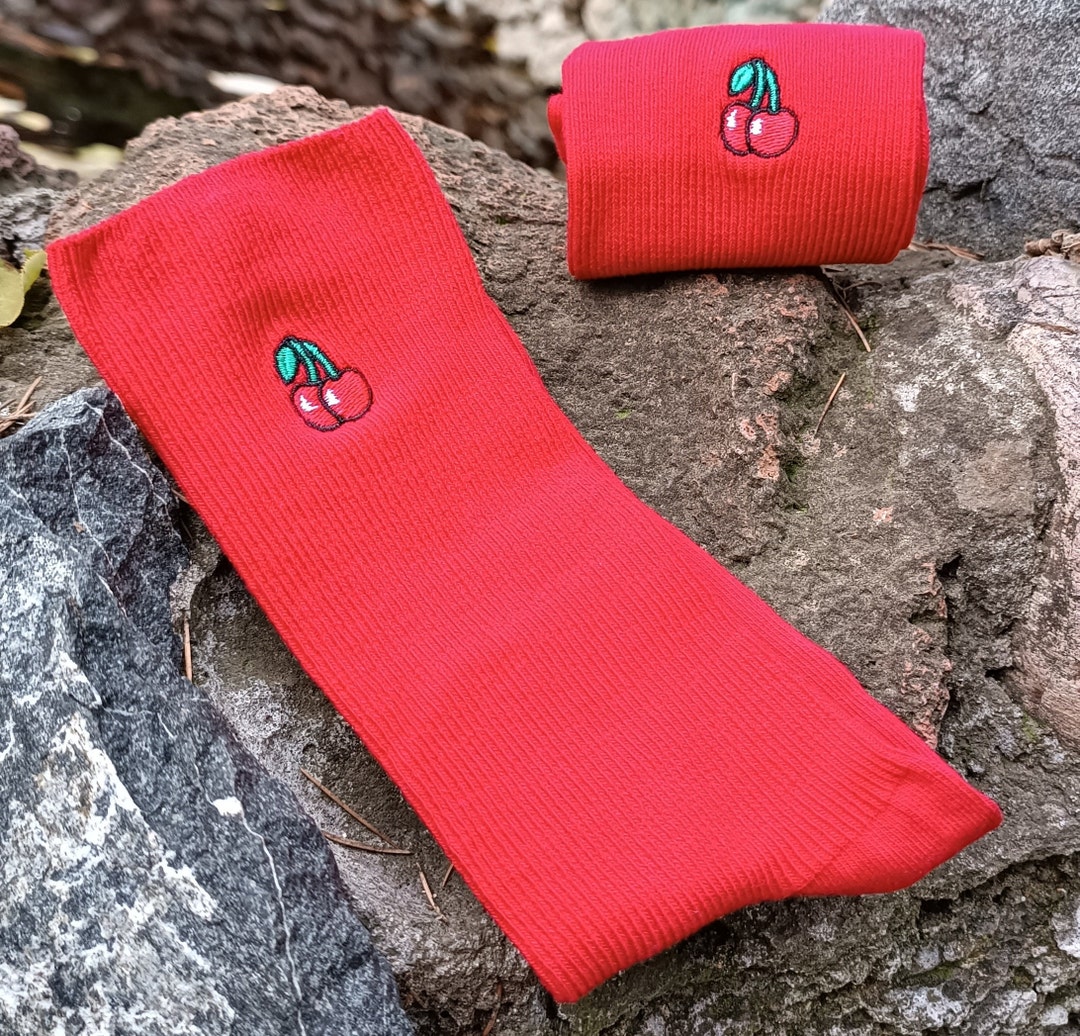 Cherry Embroidered Socks, Fruit Socks for Gift, Art Socks, Cozy Socks