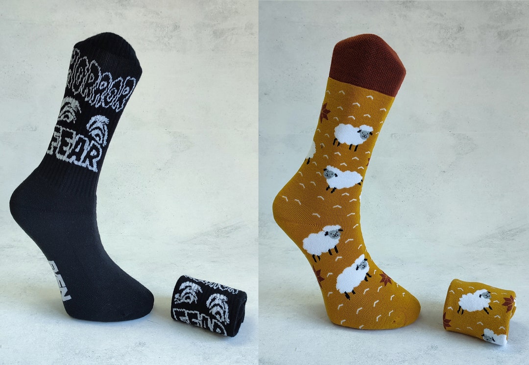 2 Pairs Horror Fear Written Socks and Yellow Sheep Patterned Socks