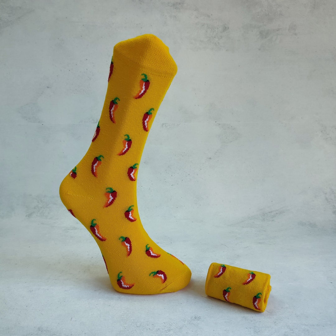 Yellow Pepper Patterned Socks, Pepper Socks, Yellow Socks, Pepper Crew