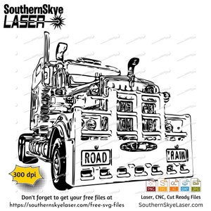 May include: Black and white line art illustration of a semi-truck with the words "ROAD" and "TRAIN" on the front bumper. The image is 300 dpi.