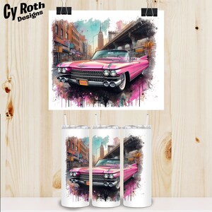 1960 Pink Cadillac Color Sublimation, DTF Transfer, DTG File, Print on demand, shirt, mug, tumbler, poster, key chain, canvas, wall art.