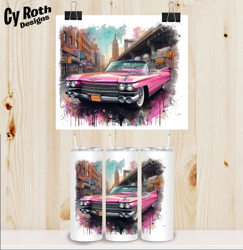 1960 Pink Cadillac Color Sublimation, DTF Transfer, DTG File, Print on demand, shirt, mug, tumbler, poster, key chain, canvas, wall art.