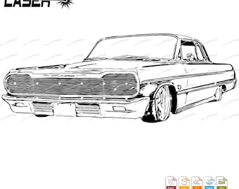 May include: Black and white line art illustration of a classic car, a 1960s Chevrolet Impala. The car has a detailed grille and large wheels. The image is for laser cutting, CNC cutting, and other crafting projects.