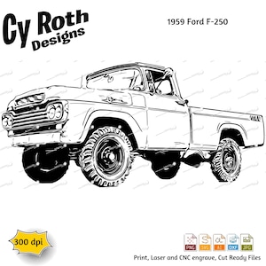 May include: Black and white line art illustration of a 1959 Ford F-250 pickup truck. The truck is facing the viewer with the driver's side facing the viewer. The truck has a large grille and a long bed. The truck is on a white background. 300 dpi.
