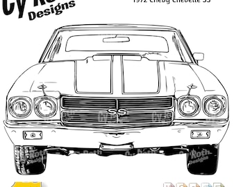 May include: Black and white line art illustration of a 1972 Chevy Chevelle SS. The car is facing the viewer with the hood open. The text "1972 Chevy Chevelle SS" is above the car. The text "Cy Roth Designs" is in the upper left corner of the image.